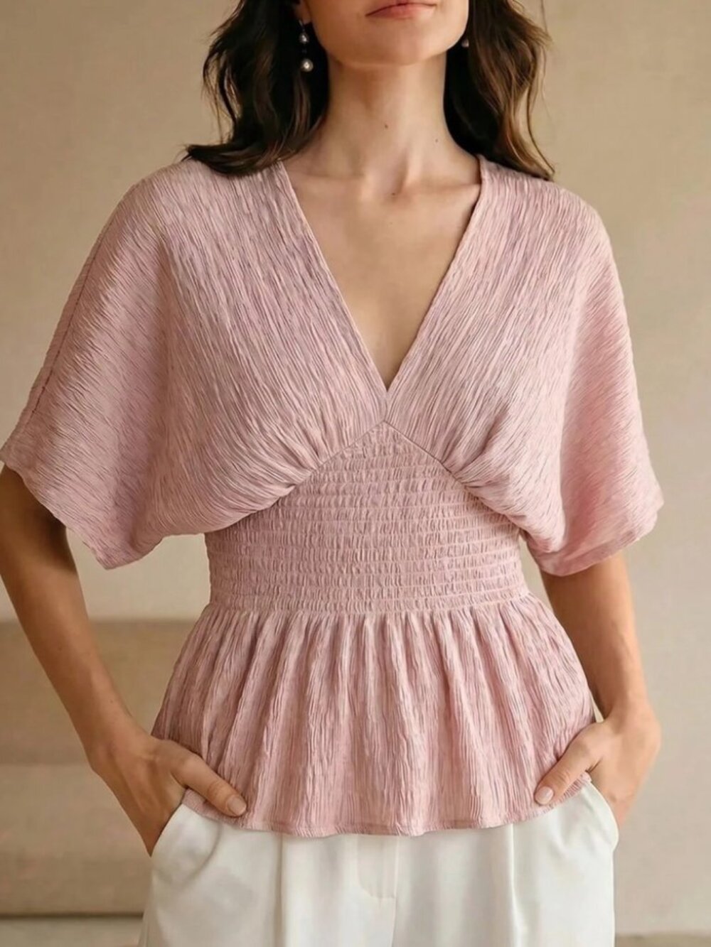 Blush Pink V-Neck Smocked Waist Peplum Top